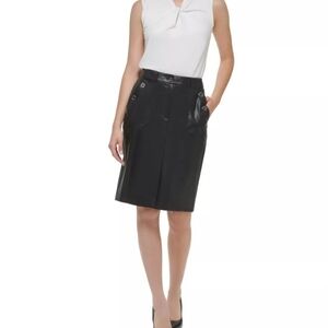 Tommy Hilfiger Black Sailor Style Faux-Leather Knee-Length Skirt Sz 12 NWOT